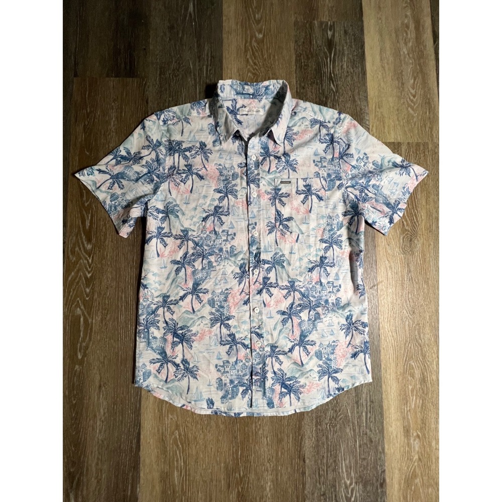 Vintage Summer Button Up Shirt Mens Size Medium White Blue Tropical Palm Tree